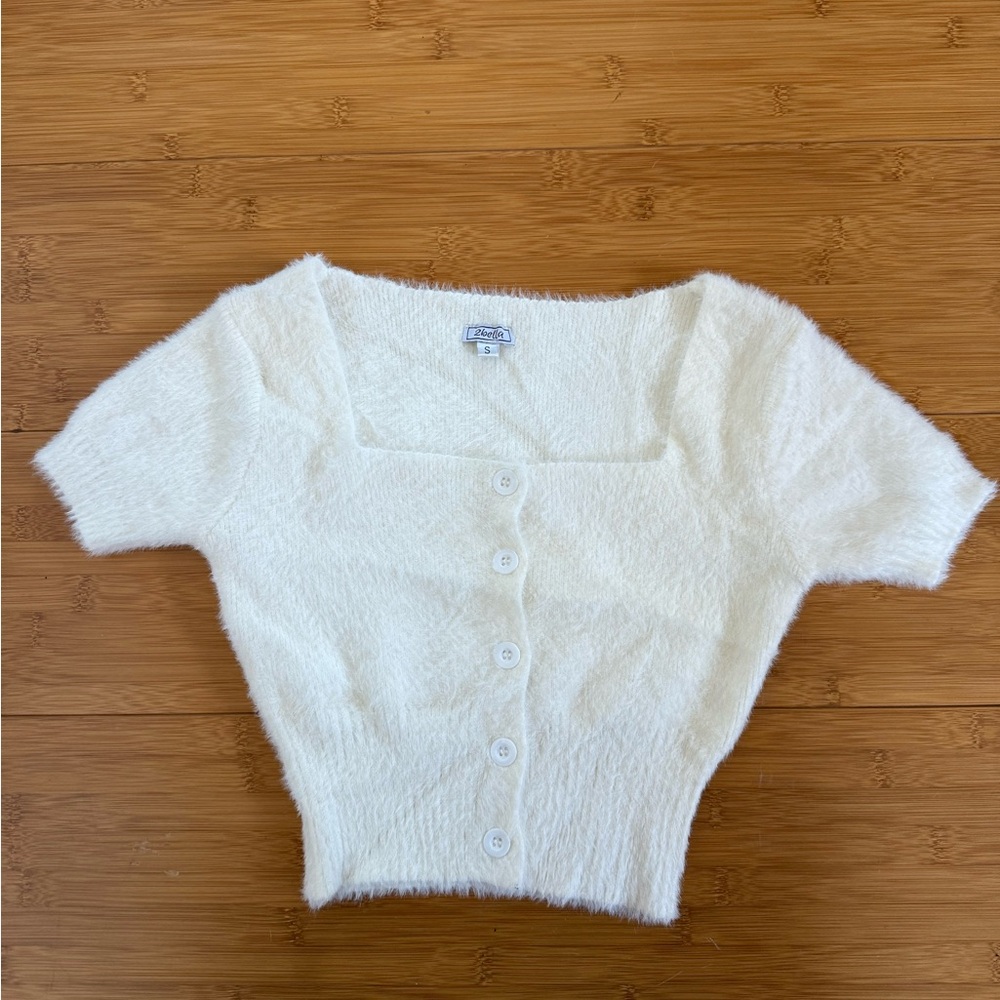 Cozy White Fuzzy Knit Button-Up Blouse